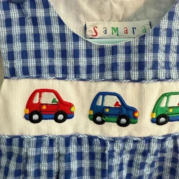 Samara Vintage Car Jonjon Size 6-9M Smocked Detail Little Boys Blue White - Picture 2 of 5